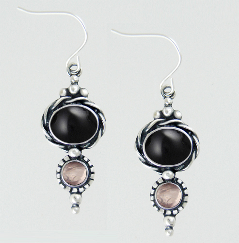 Sterling Silver Drop Dangle Earrings With Black Onyx And Rose Quartz